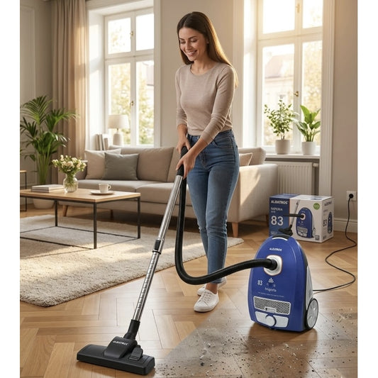 Aspirator cu sac Albatros, aspirare uscata, filtru HEPA, 833 W, sistem de rulare cablu, albastru, 5 kg, accesoriu spatii inguste, perie covoare, sac textil 3.5 l, 49 x 32 x 28 cm