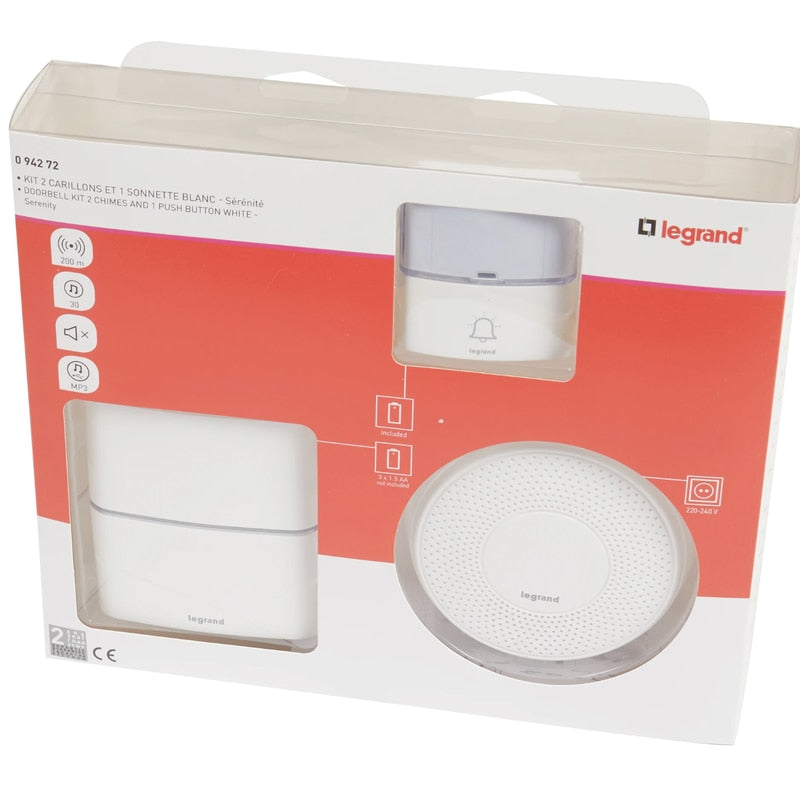Sonerie fara fir dubla Legrand, LED, 30 melodii si MP3, raza actiune 200 m, sunet 80dB, protectie exterior IP54, alb, Baterii sonerie 3 x AA 1.5 V (neincluse), 230 V, Baterii buton 1 x CR2032 inclusa