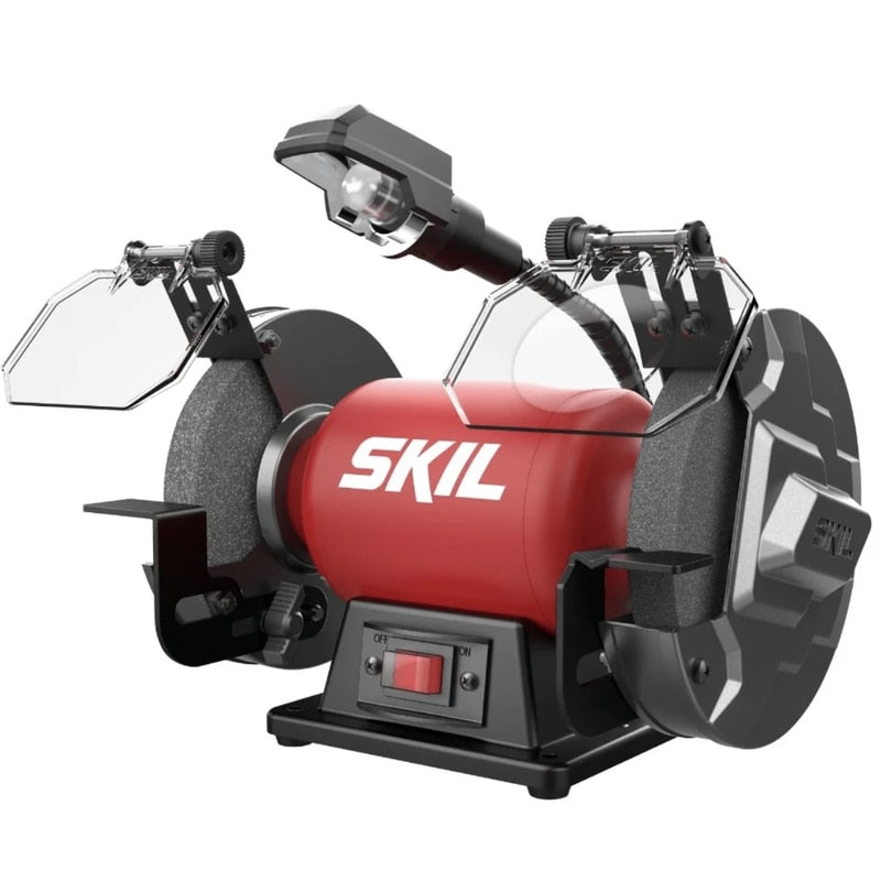 Polizor de banc, Skil, 400 W, 3580 rpm, 230 V, 90.5 dB, 8.6 kg, 3580 rpm, profesional, include 2 discuri slefuit mari de 150 mm, cu picioare de cauciuc, stabila, protectie ochi, comutator ON OFF