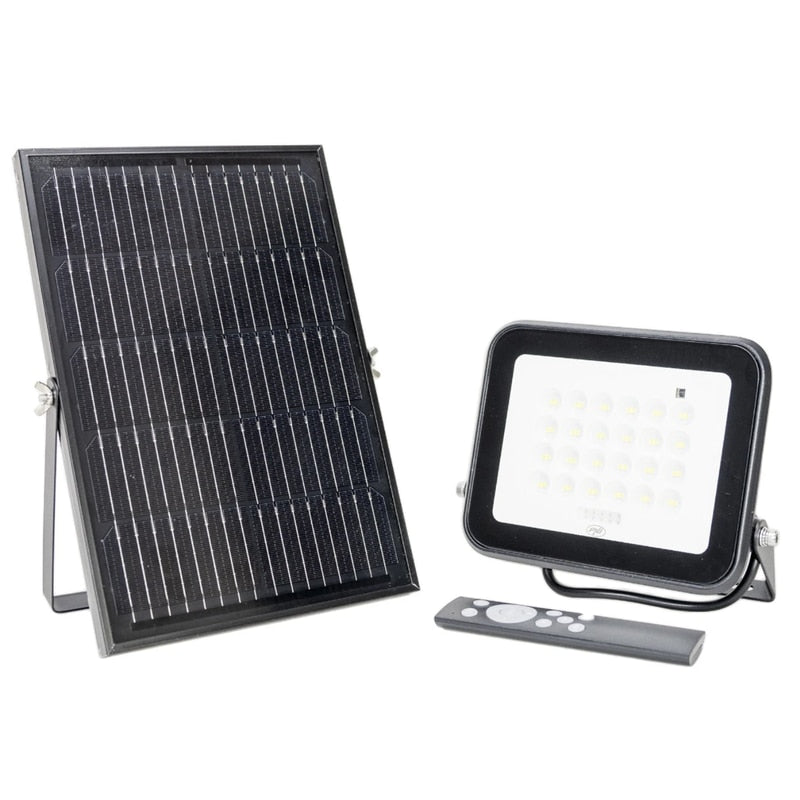 Proiector solar cu LED PNI, 100 W, 1050 lm, lumina rece, negru, IP65, exterior, 3 moduri, durabil si rezistent la intemperii, 300x205x65 mm, control 2, 4, 6, 8 ore, acumulator 10 Ah, aliaj aluminiu