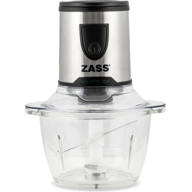 Tocator electric Zass, 200 W, 1 treapta de viteza, 1.2 l, bol din sticla, cutit 2 lame otel inoxidabil, sistem siguranta prin blocare, argintiu, recipient plastic 400 ml si capac, recipient macinat