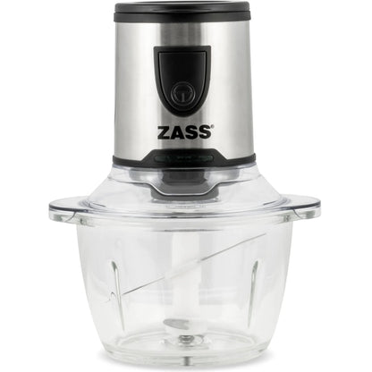 Tocator electric Zass, 200 W, 1 treapta de viteza, 1.2 l, bol din sticla, cutit 2 lame otel inoxidabil, sistem siguranta prin blocare, argintiu, recipient plastic 400 ml si capac, recipient macinat