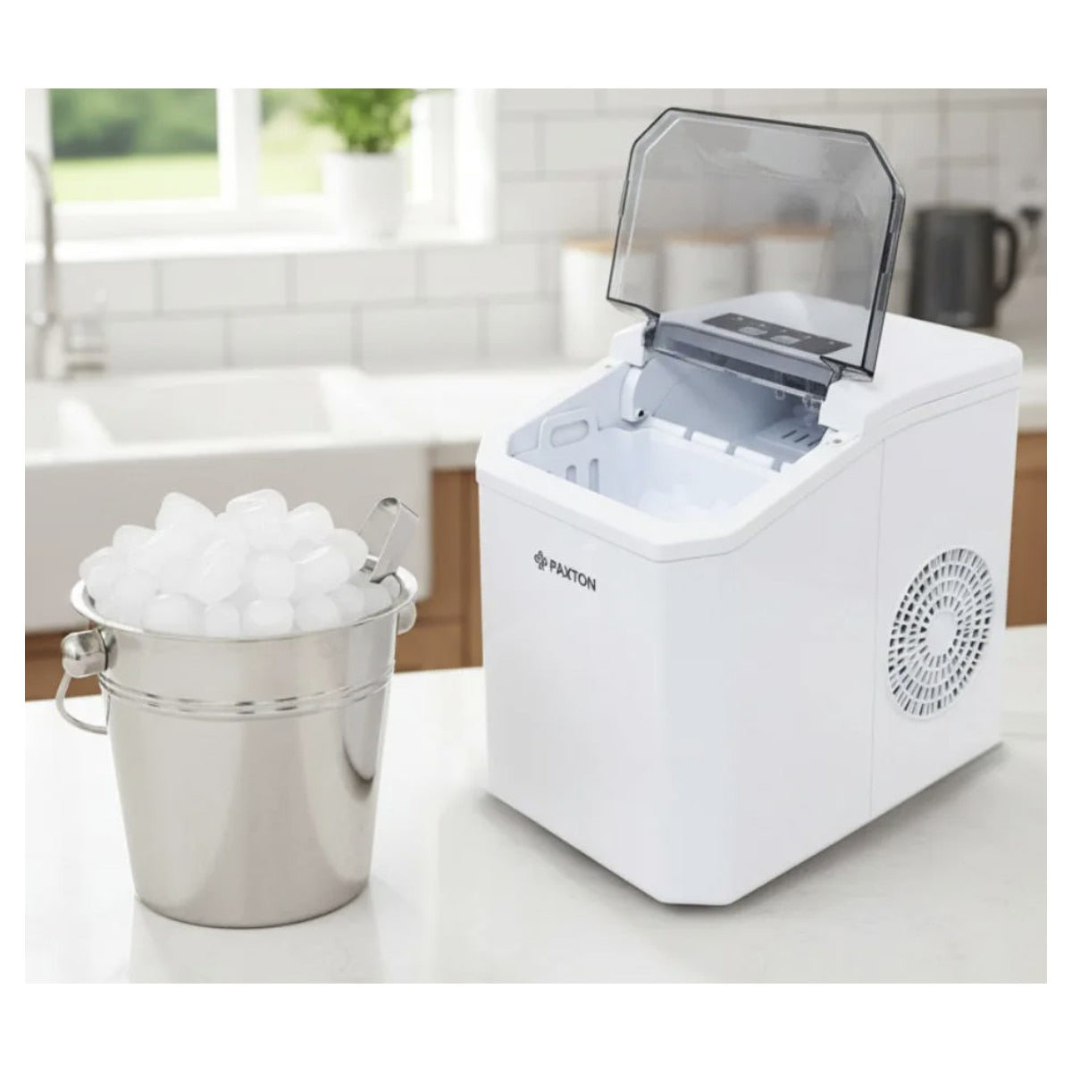 Aparat de facut gheata, Paxton, 100 W, capacitate 1.3 l, capacitate productie cuburi 10.5 kg/24 h, 9 cuburi in 6 min, selectare dimensiune cuburi, indicator lipsa apa, functie de autocuratare, alb