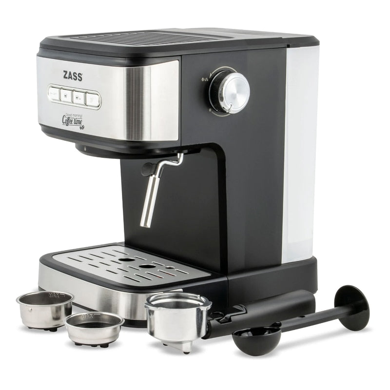Espressor cafea Zass, cafea macinata, 20 bar, 850 W, capacitate 1.5 litri, panou de control cu 4 butoane iluminate, buton rotativ pentru controlul gradului de spumare, argintiu + negru, 76 dB