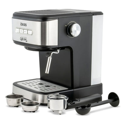 Espressor cafea Zass, cafea macinata, 20 bar, 850 W, capacitate 1.5 litri, panou de control cu 4 butoane iluminate, buton rotativ pentru controlul gradului de spumare, argintiu + negru, 76 dB