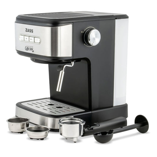 Espressor cafea Zass, cafea macinata, 20 bar, 850 W, capacitate 1.5 litri, panou de control cu 4 butoane iluminate, buton rotativ pentru controlul gradului de spumare, argintiu + negru, 76 dB