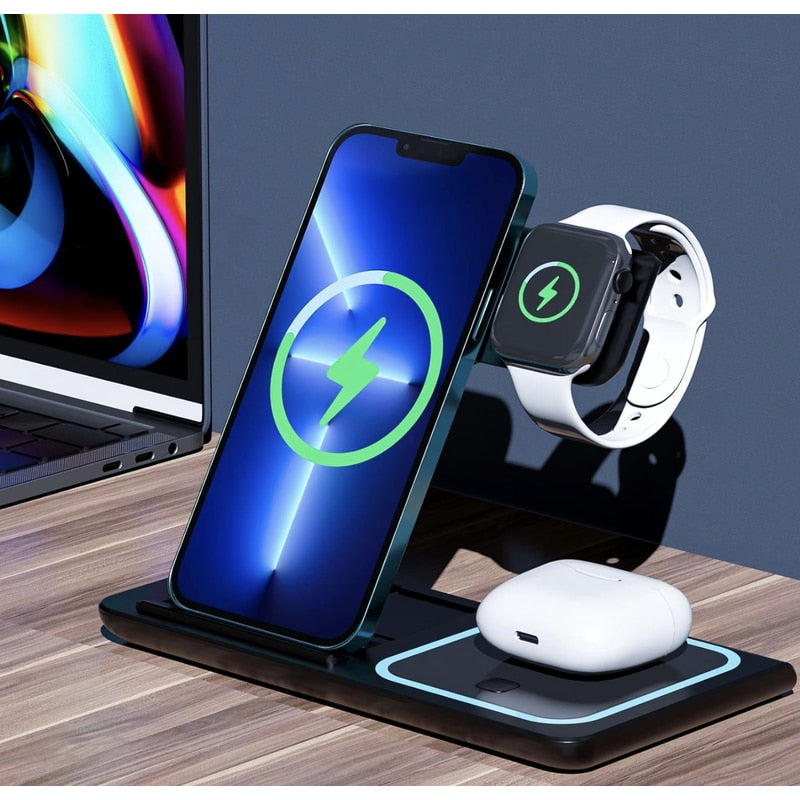 Statie de incarcare wireless 3-in-1, telefon, casti, smart watch, ceas inteligent, Fast Charge 15W, usor de transportat, neagra, brand NETERRA, protectie supraincalzire si supratensiune