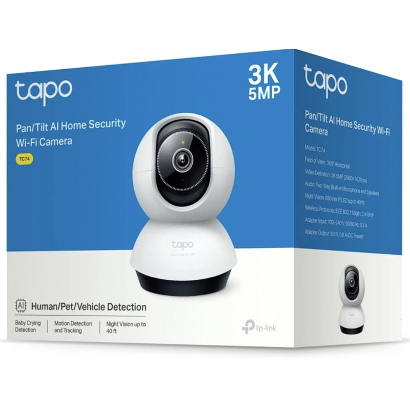 Camera de supraveghere smart / inteligenta Tapo, 5 MP, 3K, Pan/Tilt, interior, microfon, difuzor, alb, difuzor, detectare miscare, detectare forma umana, microfon, vizibilitate pe noapte, Zoom, AI