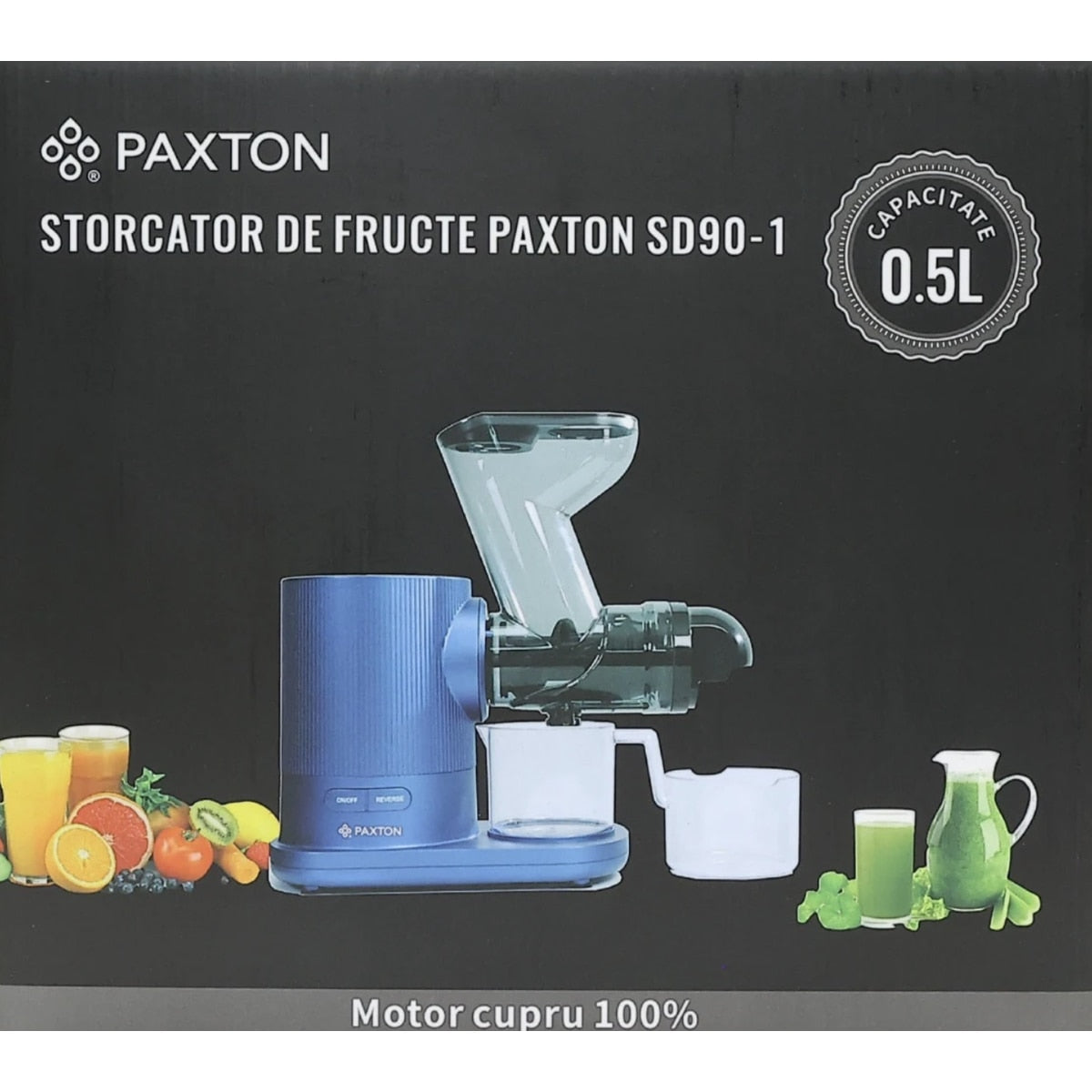 Storcator de fructe si legume, Paxton, 150 W, 1 viteza, recipient pulpa 0.5 litri, recipient suc 0.5 litri, functie Reverse, mov, 32.5 x 29 x 29 cm, 3.8 kg, 230V