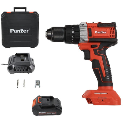 Masina de gaurit cu percutie, cu 1 acumulator 18 V, 2 Ah, Panzer, 1600 rpm, mandrina rapida, motor fara perii, cu valiza, 2 trepte de viteza, include 1 incarcator, 23 + 3 trepte ambreiaj