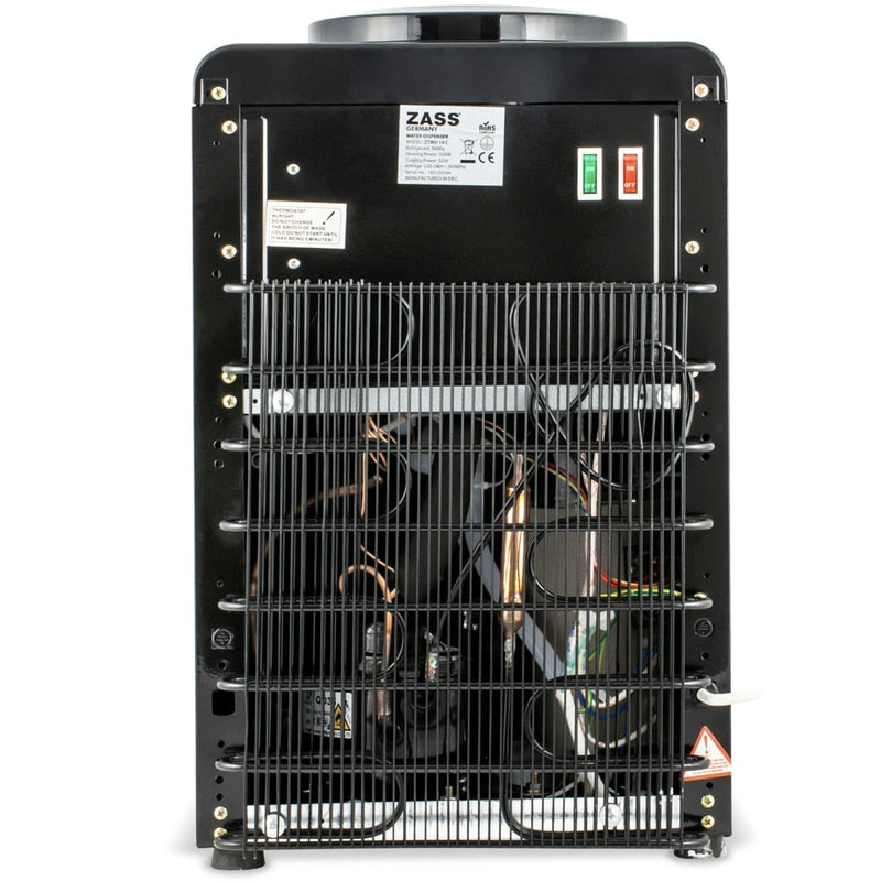 Dozator de apa Zass, putere incalzire 550 W, putere racire 50 W, indicatoare LED pentru apa calda si rece, termostat automat, negru, bidon superior 11 / 19 l, silentios, simplu, tava colectare apa