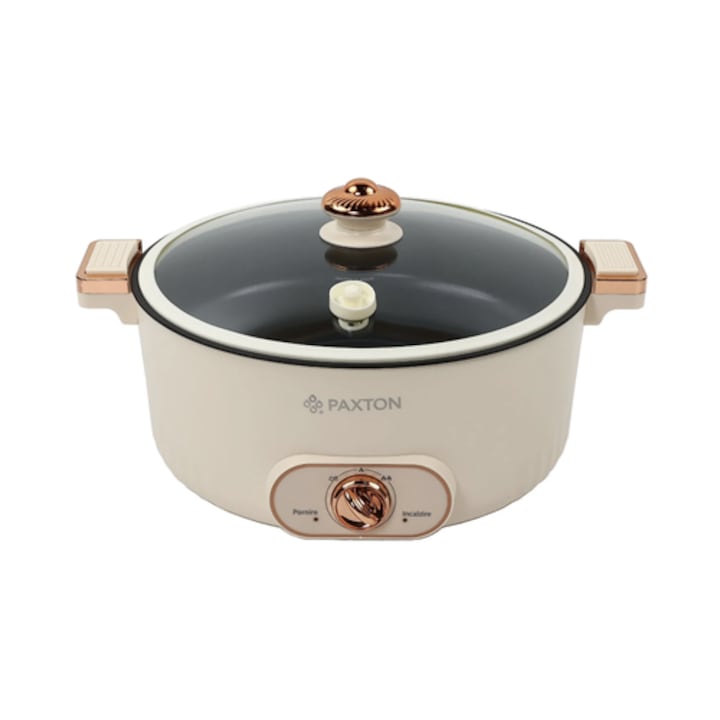 Multicooker, oala electrica Paxton, 1600 W, 7 litri, 2 trepte de putere, incalzire circulara, gatire sub micro-presiune, digital, capac detasabil, bej