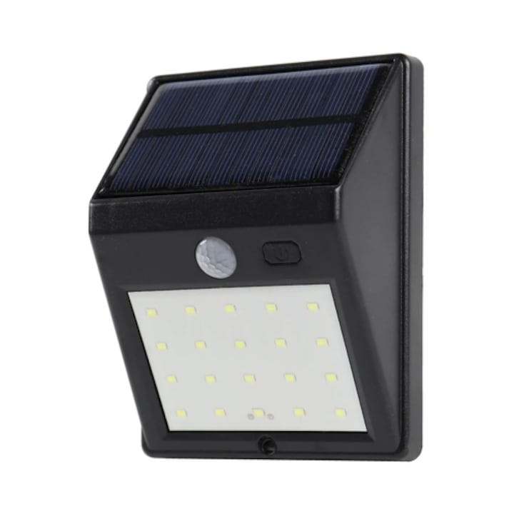 Lampa solara cu LED Hoff, 2.5 W, 160 lm, lumina rece, cu senzor de miscare PIR, 2 moduri de iluminare, negru, IP65, exterior, modern, 20.000 ore autonomie