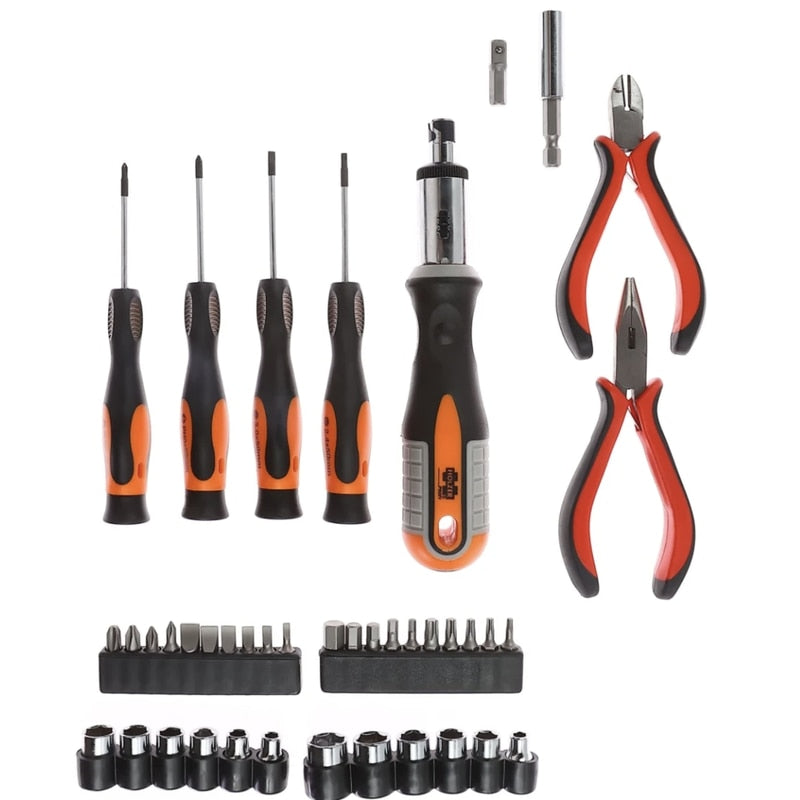Set surubelnite cu clesti si 34 accesorii Holzer Profi, surubelnita cu clichet, surubelnite drepte, cleste cu varf ascutit sau tais inclinat, adaptor pentru biti, prelungitor magnetic