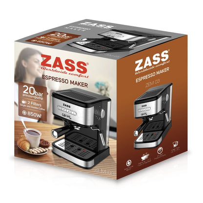 Espressor cafea Zass, cafea macinata, 20 bar, 850 W, capacitate 1.5 litri, panou de control cu 4 butoane iluminate, buton rotativ pentru controlul gradului de spumare, argintiu + negru, 76 dB