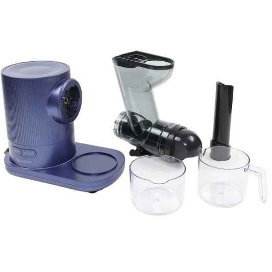Storcator de fructe si legume, Paxton, 150 W, 1 viteza, recipient pulpa 0.5 litri, recipient suc 0.5 litri, functie Reverse, mov, 32.5 x 29 x 29 cm, 3.8 kg, 230V