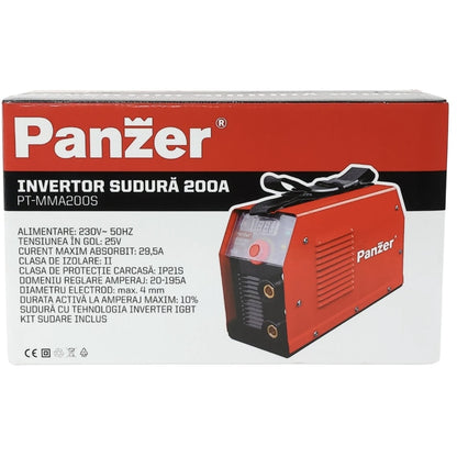 Invertor sudura MMA, Panzer, 4 mm diametru, protectie IP21S, putere absorbita 2.95 kW, alimentare 230 V, tensiune mers in gol 25 V, curent sudare 20 - 200 A, compact, pentru constructii metalice