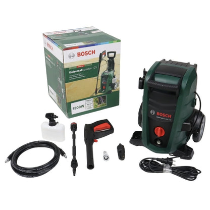 Aparat de spalat cu presiune, Bosch, 1500 W, 360 l/h, 125 bari, furtun 5 m + kit accesorii, duza 3 in 1 jet, indeparteaza murdaria persistenta pe terase, alei, masini, mobilier gradina, autoturisme