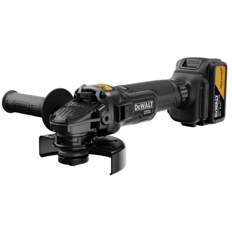 Polizor unghiular, cu 2 acumulatori, 18 V, 5 Ah, DeWalt McLaren, profesional, 9000 rpm, motor fara perii, Diametru maxim al discului 125 mm, 2.6 kg, autonomie extinsa, maner lateral cu 2 pozitii