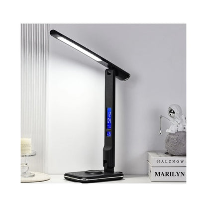 Veioza LED Hoff Noire, 5.5 W, 430 lm, lumina calda, neutra, rece, dimabil, incarcator wireless, afisare temperatura, ceas, data, alarma, negru, modern