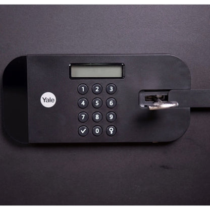 Seif Yale, inchidere electronica, cu amprenta, cod, cheie, otel, negru, 25 x 35 x 30 cm, 12.1 kg, siguranta ridicata, alimentare 4 baterii AAA, include chit ancorare, Rezistenta la efractie, 20.5 l