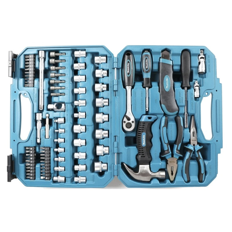 Trusa scule de mana, Makita, 76 piese, material crom vanadiu, cleste combinat, cu varf ascutit, pentru dulgherie, cutter, maner de surubelnita, cheie tubulara, adaptor patrat, articulatie universala