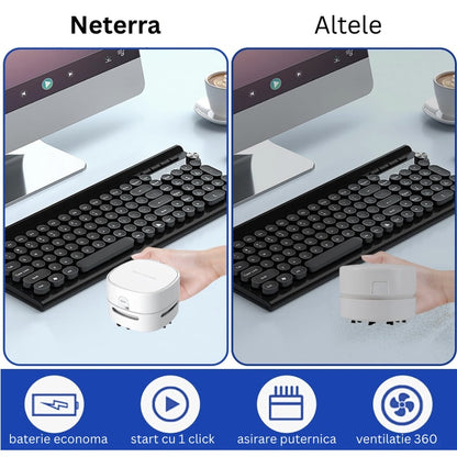 Mini aspirator portabil pentri birou NETERRA, dispozitiv compact si practic, curatarea rapida a firimiturilor, prafului si murdariei fine, pe tastatura, masa sau alte suprafete mici, fara fir