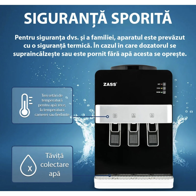 Dozator de apa Zass, putere incalzire 550 W, putere racire 50 W, indicatoare LED pentru apa calda si rece, termostat automat, negru, bidon superior 11 / 19 l, silentios, simplu, tava colectare apa