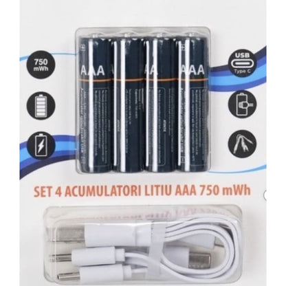 Acumulator AAA, 500mAh, 4 baterii, reincarcabile prin USBC, 1.5V, R3, temperatura de functionare: 0 ~ +40 °C, albastru, randament 95%