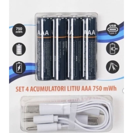 Acumulator AAA, 500mAh, 4 baterii, reincarcabile prin USBC, 1.5V, R3