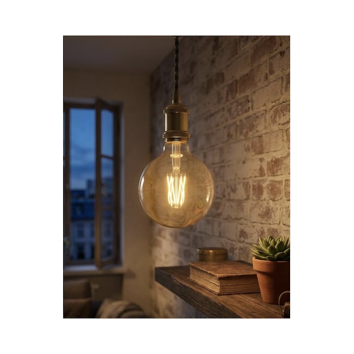 Bec LED filament Hoff glob E27 8 W 950 lm lumina calda 2500 K, auriu, dimabil, Durata medie de viata 25000 ore, Unghi lumina 360°, Temperatura de lucru: –20 °C +50 °C, consum redus de energie