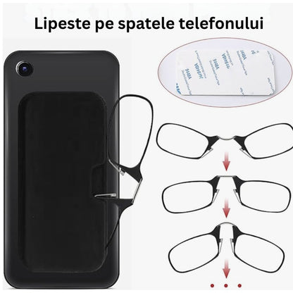 Ochelarii de citit fara brate, moderni, compacti, portabili, citit rapid oriunde te afli, dioptrie +1.00, fixare direct pe nas, negru, lipit pe spatele telefonului, calitate superioara, brand NETERRA