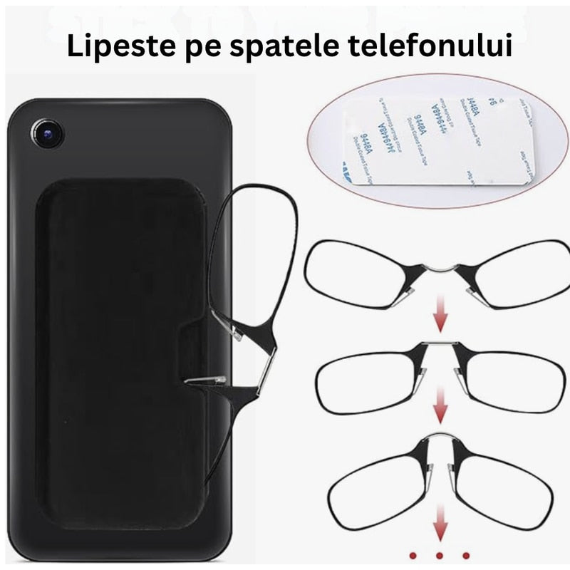 Ochelarii de citit fara brate, moderni, compacti, portabili, citit rapid oriunde te afli, dioptrie +2.50, fixare direct pe nas, negru, lipit pe spatele telefonului, calitate superioara, brand NETERRA