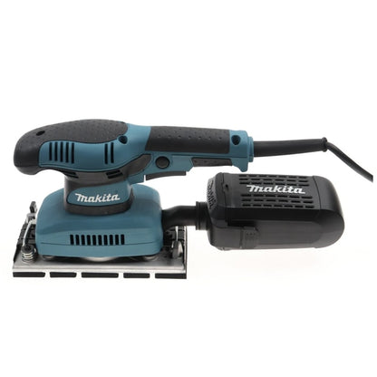 Slefuitor cu vibratii, Makita, 190 W cu 9 panze abrazive pentru metal, lemn, 1.6 kg, 72 dB, profesional, 230 V, 11000 vibratii pe minut, cu sac de colectarea prafului, maner cauciucat moale