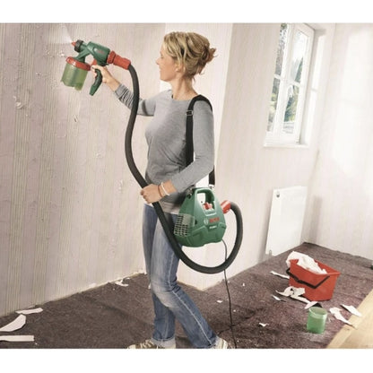 Pistol de vopsit electric, Bosch, 650 W, pulverizare simpla a tuturor tipurilor de vopsea, pentru pereti, lacuri sau lazuri, 300 ml / min, 2.8 kg, 230 V, reumplere rapida, curea de umar, filtru