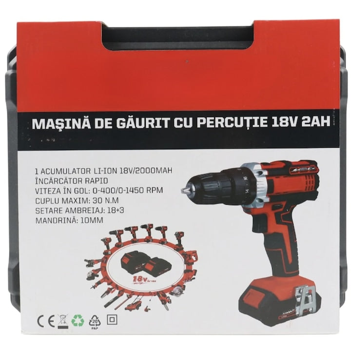 Masina de gaurit si insurubat, cu 2 acumulatori, 18 V, 2 Ah, 1450 rpm, mandrina rapida 10mm, cuplu 30Nm, cu valiza
