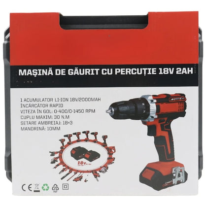 Masina de gaurit si insurubat, cu 2 acumulatori, 18 V, 2 Ah, 1450 rpm, mandrina rapida 10mm, cuplu 30Nm, cu valiza