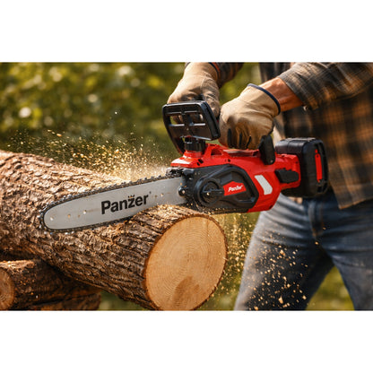 Fierastrau electric cu lant Panzer, acumulator 18 V, fara fir, 2600 rpm, lungime sine 30, 5 cm, rosu-negru