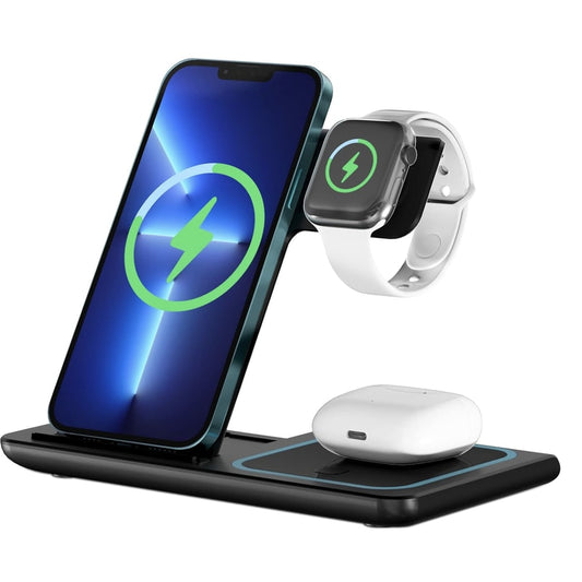 Statie de incarcare wireless 3-in-1, telefon, casti, smart watch, ceas inteligent, Fast Charge 15W, usor de transportat, neagra, brand NETERRA, protectie supraincalzire si supratensiune
