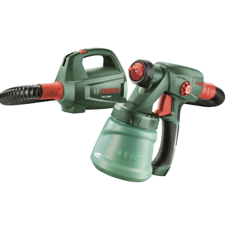 Pistol de vopsit electric, Bosch, 440 W, furtun 1.3 m, 230 V, rezervor 0.8 l, din plastic rezistent, portabil si usor de manevrat, 2 kg, 200 ml / min, curea, palnie, duza pentru vopsele de perete