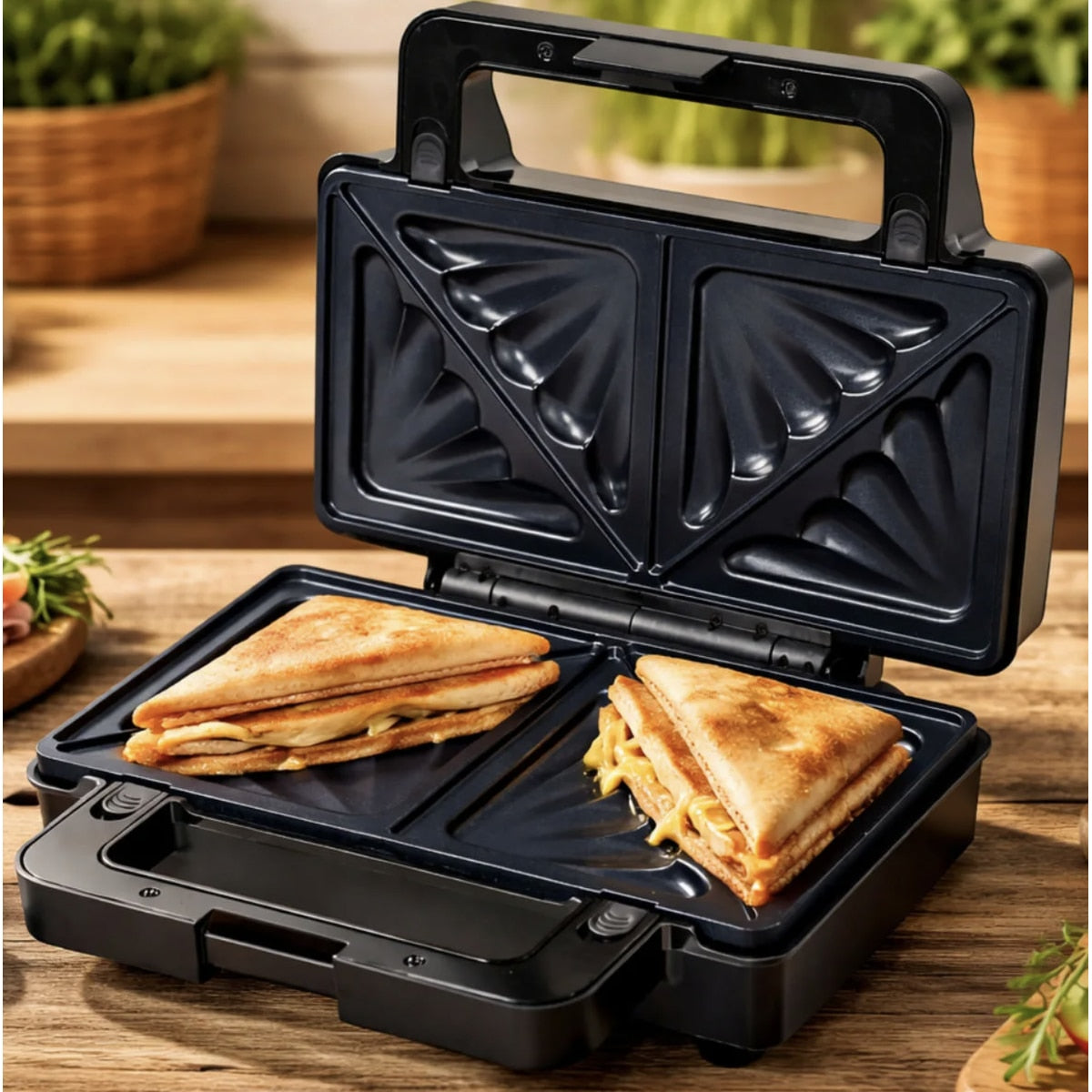 Sandwich maker, Paxton, 1000W, 4 in 1, grill, gofre, sandwich, indicatoare luminoase, carlig de inchidere, depozitare verticala, dimensiune placi de lucru, argintiu negru, antiaderent, 28.5 x 15.3 cm