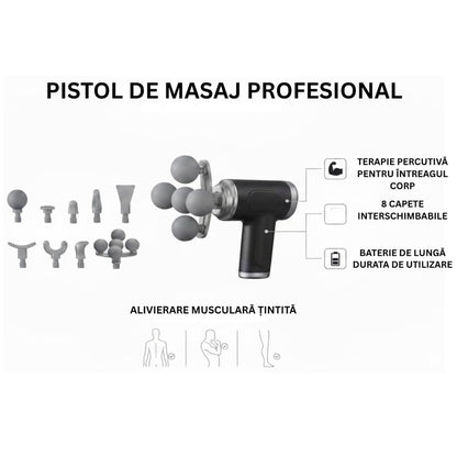 Aparat pentru Masaj Profesional Tip Pistol NETERRA, 9 in 1 Capete, gat, spate, umeri, brate, picioare, solduri, Motor Silentios si Puternic, Masaj Muscular, Relaxare, USB reincarcabil, portabil, Gri