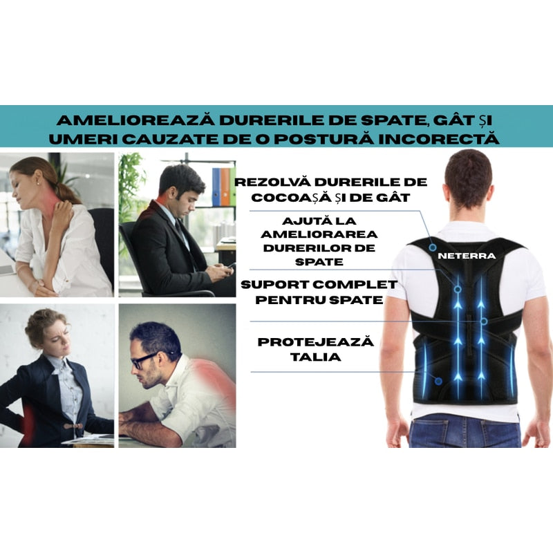 Corector de postura reglabil, dispozitiv ortopedic, pentru corectarea pozitiei spatelui, umerilor, coloanei, material respirabil, reduce durerile, pentru birou, munca, sub haine, NETERRA, marimea M