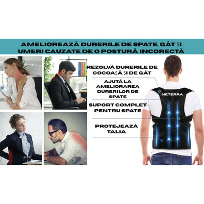Corector de postura reglabil, dispozitiv ortopedic, pentru corectarea pozitiei spatelui, umerilor, coloanei, material respirabil, reduce durerile, pentru birou, munca, sub haine, NETERRA, marimea M