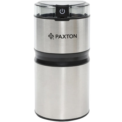 Rasnita cafea, Paxton, 150 W, 50 g, sistem depozitare cablu 0.8 metri, lame din inox, argintiu, 9.1 x 9.1 x 18.3 cm, 0.7 kg, 230V, 68 dB, clasa protectie 2, buton ON OFF