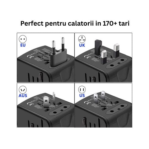 Incarcator de calatorie, universal, adaptor multifunctional cu 2 porturi, 1 priza, 1 USB, 1 USBC, international, SUA, UK, Europa, Australia, 150 tari, 100-250V, 2000W, negru