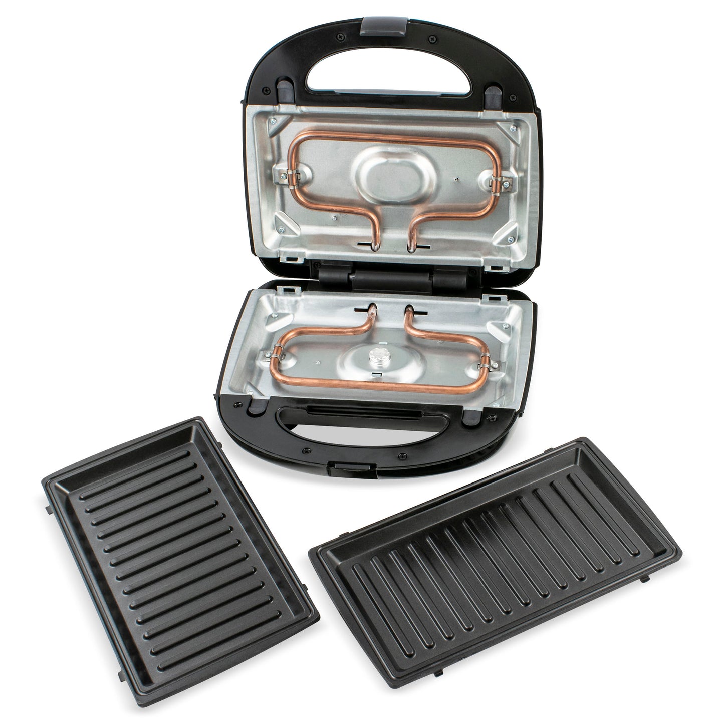 Sandwich-Maker Zass, putere 750W, placi grill teflonate detasabile, indicator LED, picioruse antialnuecare, culoare Negru
