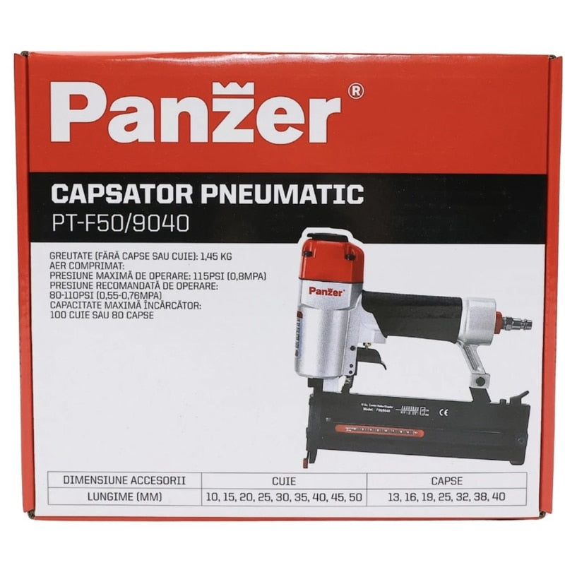 Capsator pneumatic pentru cuie, capse, Panzer, 8 bari, fixarea rapida a capselor si a cuielor, magazie maxima 100 de cuie sau de 80 de capse, cuie de 10 - 50 mm, capse de 13 - 40 mm, 1.45 kg
