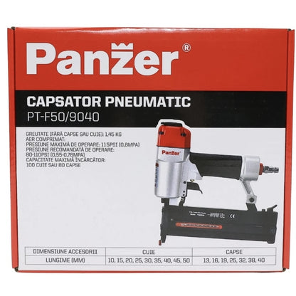 Capsator pneumatic pentru cuie, capse, Panzer, 8 bari, fixarea rapida a capselor si a cuielor, magazie maxima 100 de cuie sau de 80 de capse, cuie de 10 - 50 mm, capse de 13 - 40 mm, 1.45 kg
