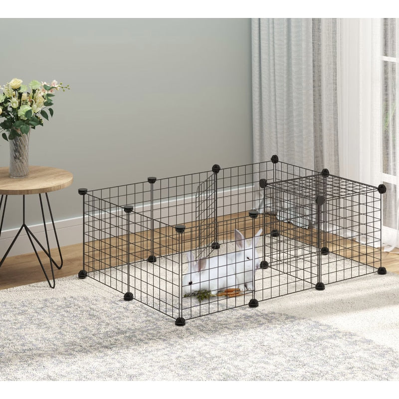 Tarc modular pentru animale mici si medii: iepuri, hamsteri, porcusori, pui, pisici, caini, 12 panouri 35 x 35 cm, constructie personalizata, interior, exterior, montaj rapid, metal, negru, NETERRA